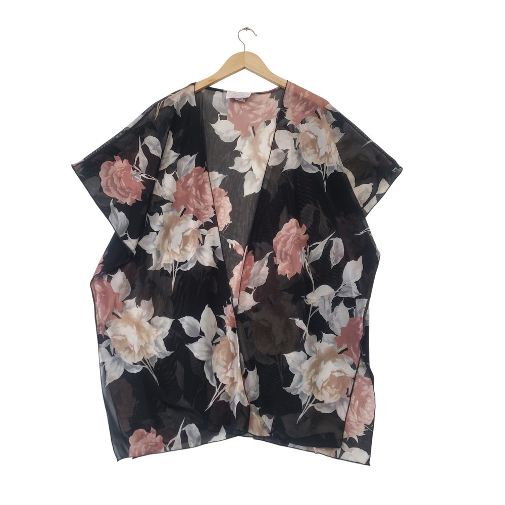 Panhandle Floral Sheer Mesh Kimono Women Large Black Pink Rose Western Boho Wrap